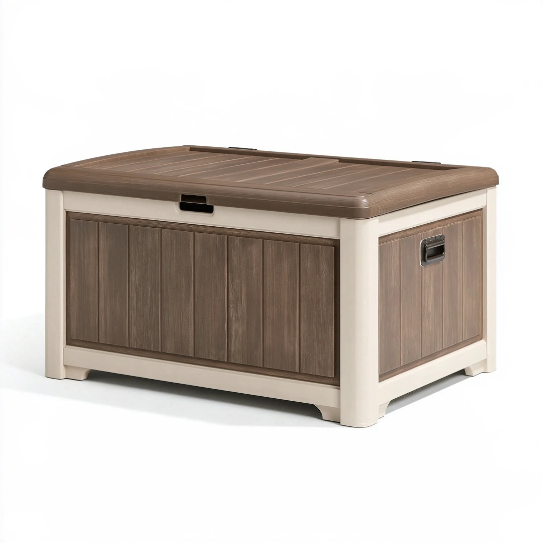 Aufbewahrungstruhe 120 x 55 x 60 cm aus Kunststoff Braun Beige - Sitzbank mit Deckel