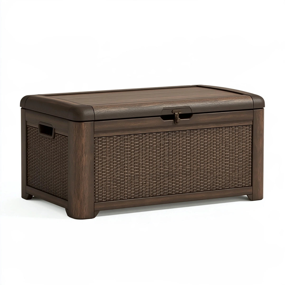 Aufbewahrungstruhe 120 x 60 x 65 cm dunkelbraun Kunststoff in Rattanoptik mit Deckel