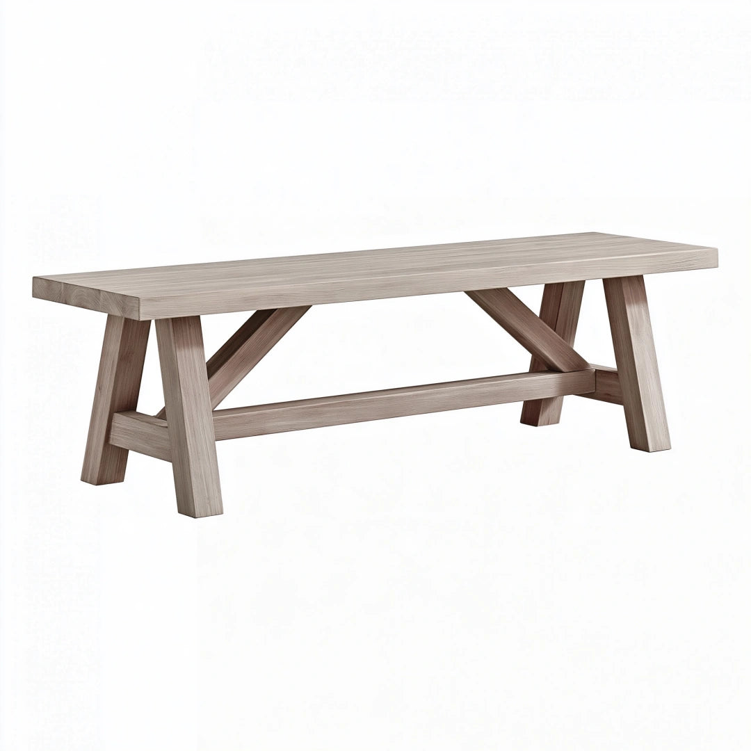 Sitzbank 180 x 40 x 45 cm aus Holz in Grau-Braun mit Kreuzverstrebung im rustikalen Stil