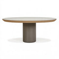 Ovaler Esstisch 200 x 100 x 75 cm mit weißer Steinoptik Tischplatte und geriffeltem Holzsockel - modern