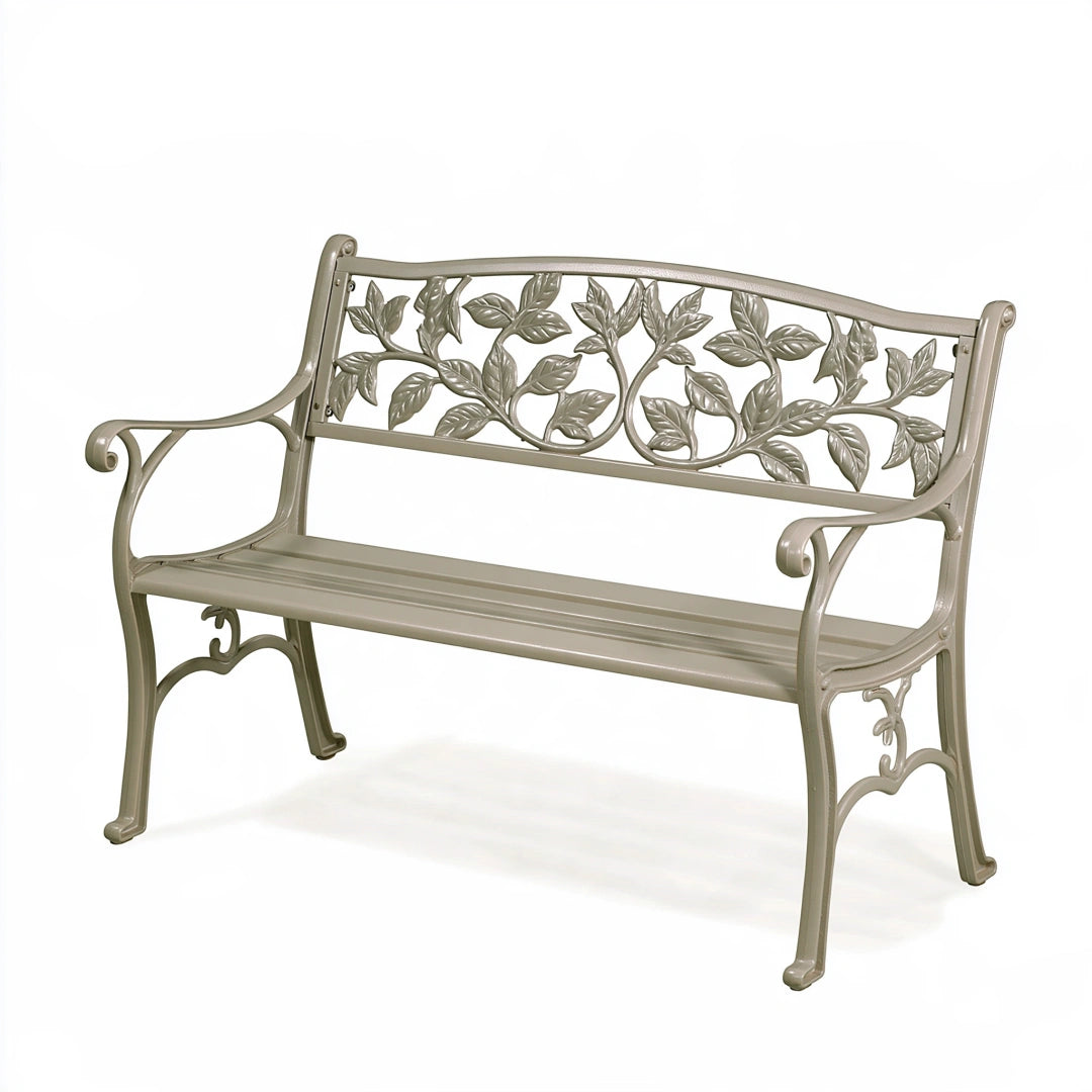 Gartenbank 120 cm Metall Taupe mit Blattrelief klassischer Stil